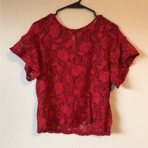 Who What Wear Red Rose Lace Blouse